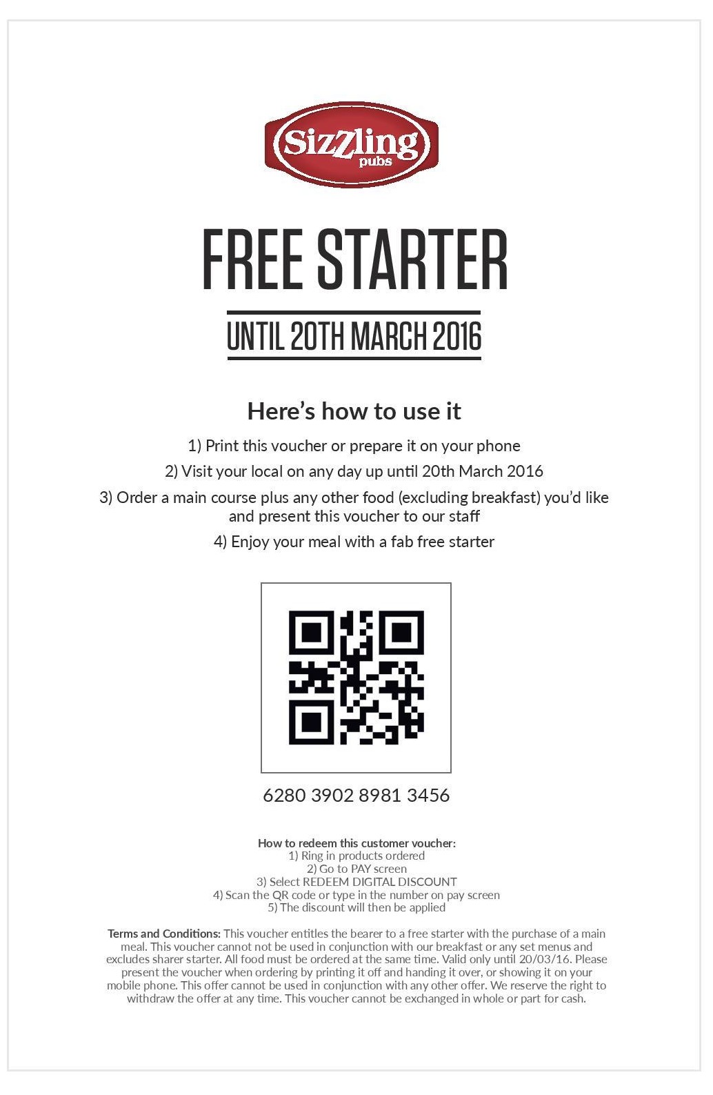 free starter sizzling pubs discount code voucher