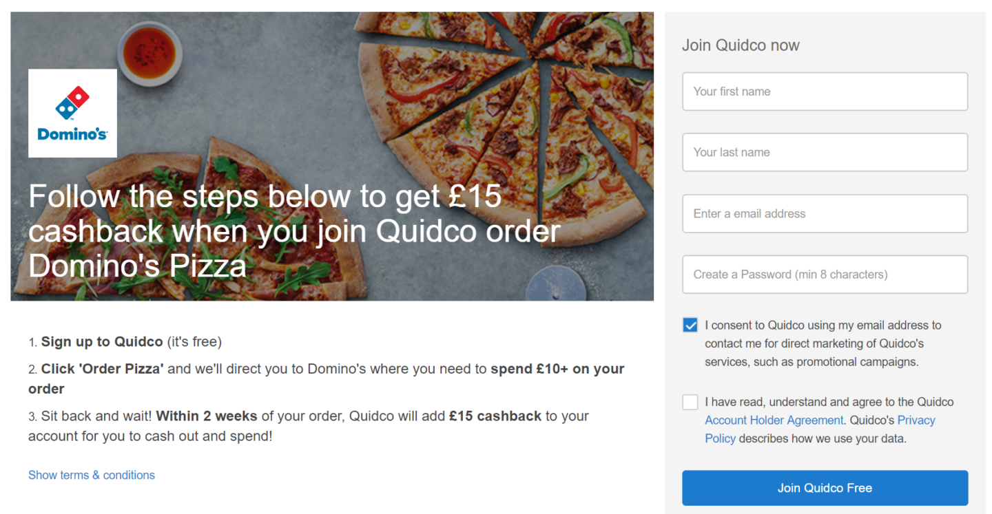 Dominos discount cashback offer Quidco